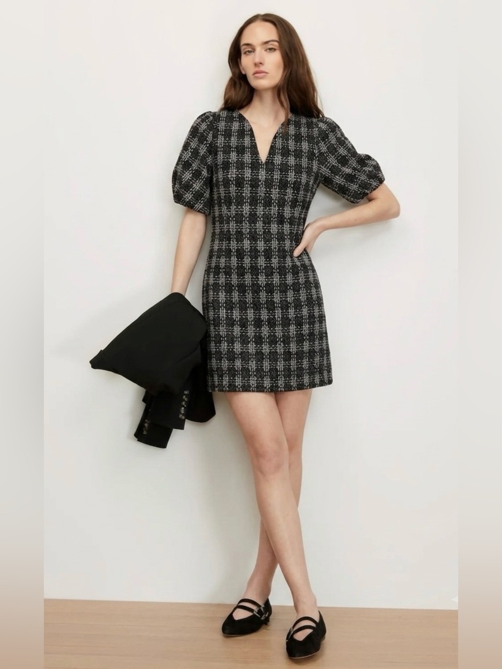 Express NEW Black Plaid Jacquard Puff Sleeve Mini Shift Dress size XS Preppy